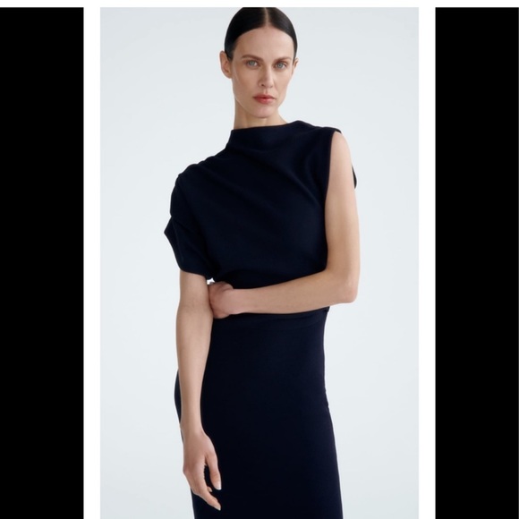 ZARA Asymmetric Sleeve Knit Dress Navy Blue - Picture 5 of 7